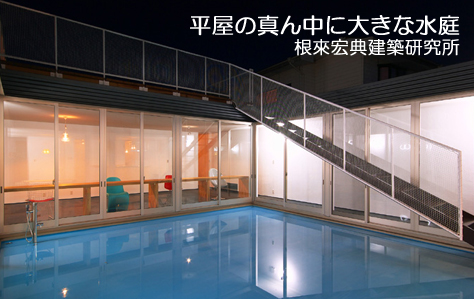 平屋のワンルームの真ん中に大きな水庭です